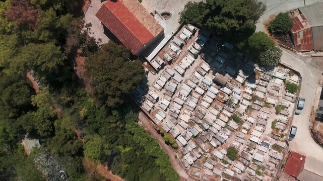 Aerial Top Down View Moving Over Church of the Archangels Tiled Roofs in Corfu