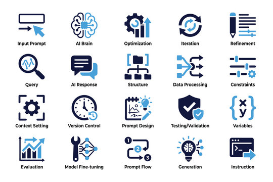 Artificial intelligence prompt engineering icon set for machine learning development vector design.