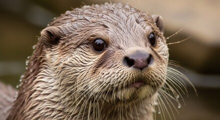 Fototapeta premium Close-up portrait of a curious Eurasian otter in natural wetland habitat with water droplets perfect for World Otter Day