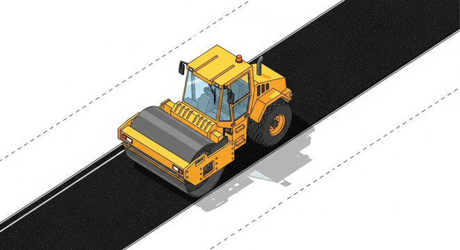 Yellow steamroller compacting asphalt on a new road construction site.