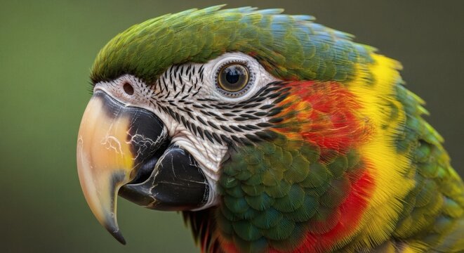 Close-up portrait of vibrant green red and yellow macaw parrot with detailed feathers in natural light perfect for World Parrot Day