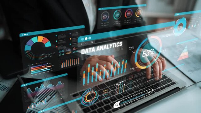 Futuristic Data Analytics Interface with Charts and Graphs Displayed on Laptop in Modern Office Environment Sigmoid