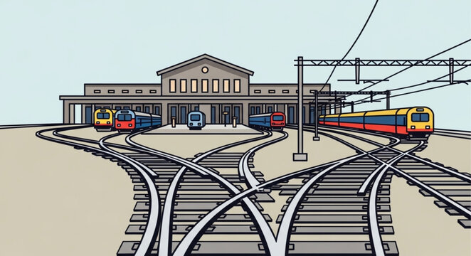 Train station with multiple tracks and trains illustration.