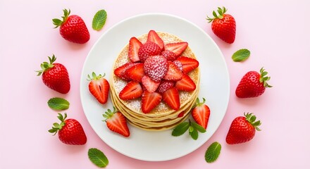 Fototapeta premium Delicious stack of fluffy pancakes topped with fresh red strawberry slices and powdered sugar served on a white plate against a light pink background for a perfect morning meal