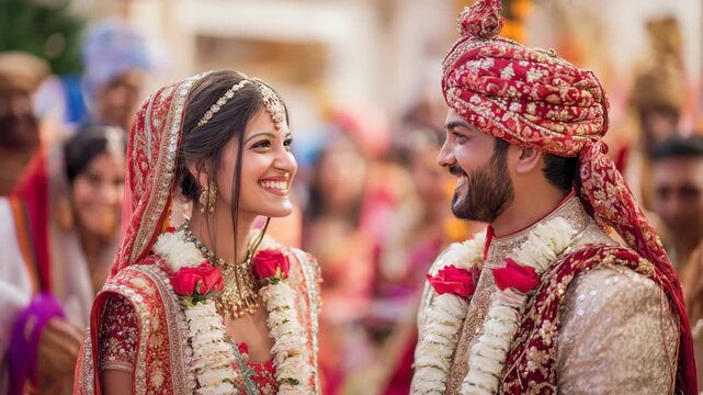 Indian wedding ceremony with bride and groom in traditional attire.