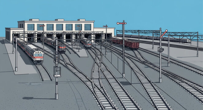 Modern Train Station with Multiple Tracks and Buildings.