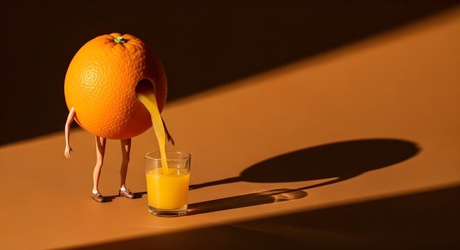 Anthropomorphic orange character standing on thin legs while pouring fresh citrus juice into a small glass to create a refreshing drink in this surreal and artistic studio food photography.