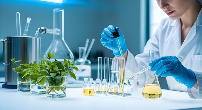 A female scientist in a white lab coat and blue gloves carefully drips liquid from a pipette into a test tube, surrounded by various laboratory glassware and fresh green plants.