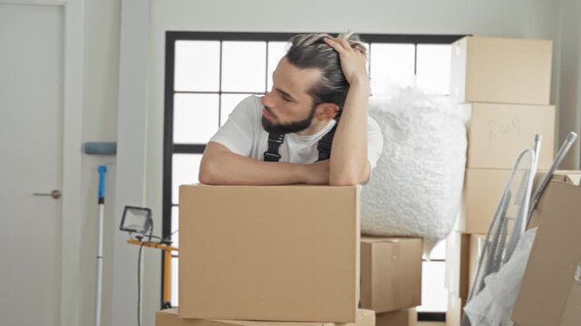 Man mover wearing apron leans on stacked cardboard boxes amid bubble wrap and packing materials, hand on forehead in building; weary patience.