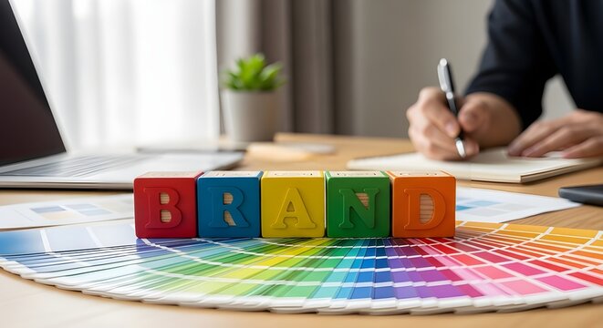 Multicolored wooden blocks spelling out the word brand sitting on a professional desk featuring a vibrant color palette guide for creative design work and corporate identity planning business strategy