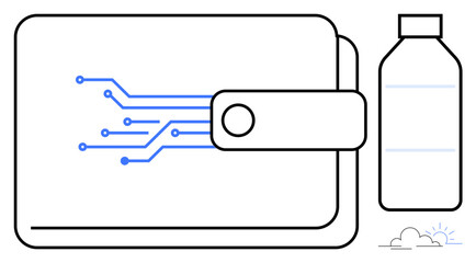 Digital payments, eco-friendly habits, e-commerce, innovation, fintech, sustainability. Stylized wallet with circuits and plastic bottle. Digital payments and eco-friendly habits concept © robu_s