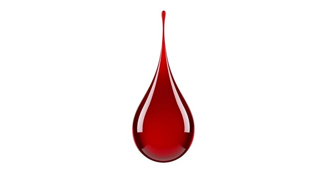 A single, perfectly formed red droplet of liquid is suspended in mid-air against a stark white background, its smooth, reflective surface showcasing its viscosity and vibrant color.