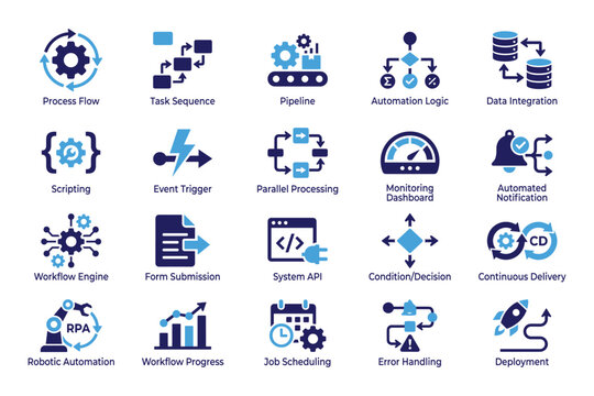Automation workflow icons for process management and system integration vector illustration.