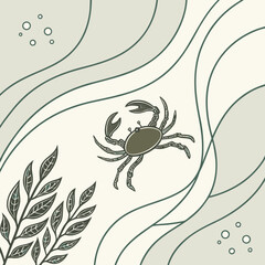 Fototapeta premium Seafood, ocean, crab, leafy, wavy lines, vector illustration