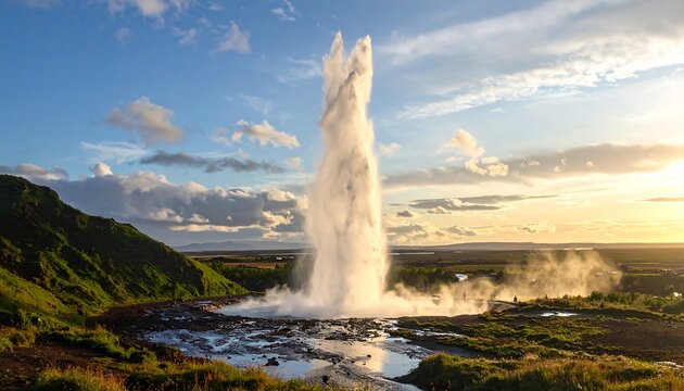 A majestic geothermal geyser erupting in a serene natural landscape