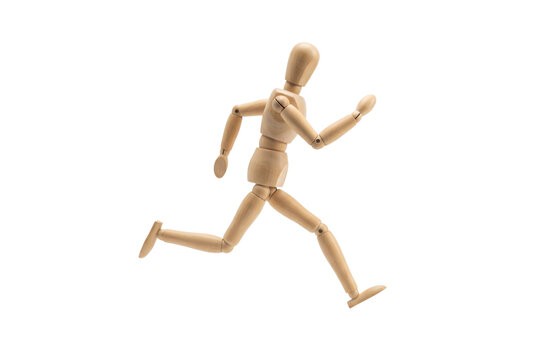 Wooden mannequin running side view isolated. Artist figure pose.
