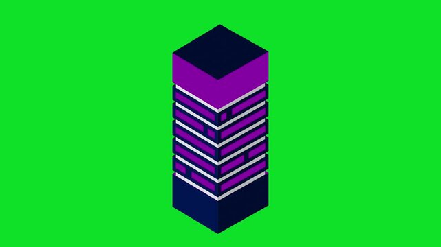 3D data server tower featuring dark blue casing and vibrant purple glowing light panels, representing cloud storage, networking against 4K stock animation video on a green screen background.
