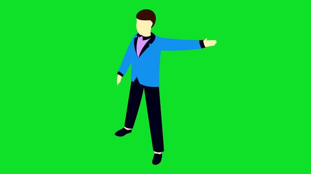 3D isometric character features a man in a blue suit walking 4k stock animation video on a green screen background for chroma key background for video editing.