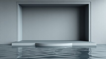Obraz premium Minimalist scene. Gray structure partially submerged. Water reflects light, creating calm atmosphere. Empty space invites contemplation.