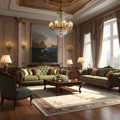 Fototapeta premium A luxurious living room with green furniture and a chandelier