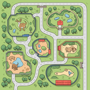A map of a zoo with various animal enclosures and roads
