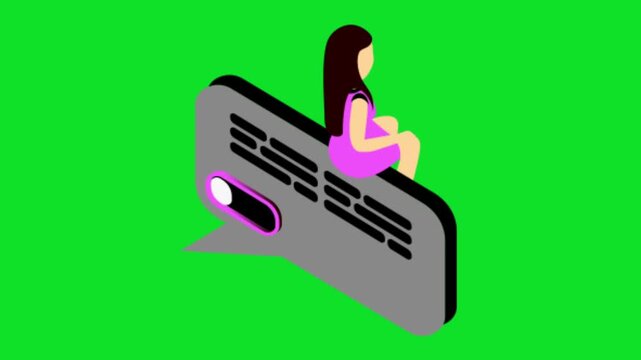 Stylized 3D character in a pink dress sitting on a grey speech bubble with a toggle switch 4k stock animation video on a green screen background for chroma key in video editing.