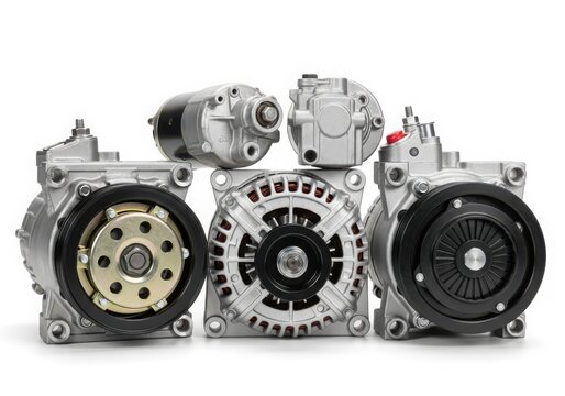 Three different types of car alternators displayed side by side on a white background.
