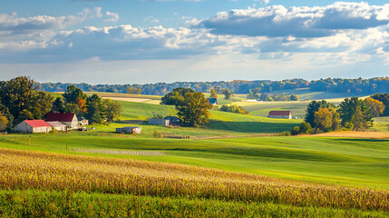 Naklejka premium Scenic Autumn Landscape with Farm Buildings and Rolling Hills.