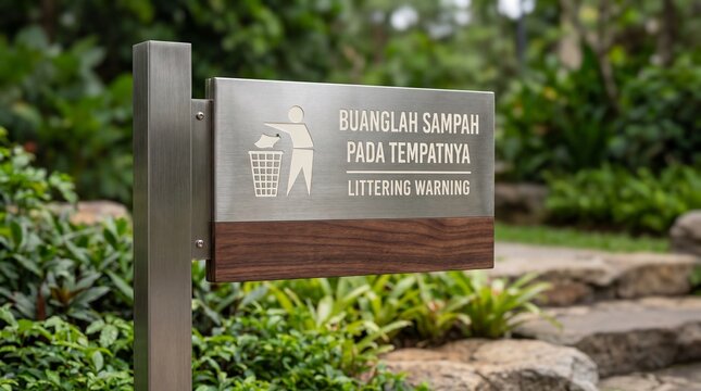 Redesigned Indonesian trash disposal and littering warning sign in park