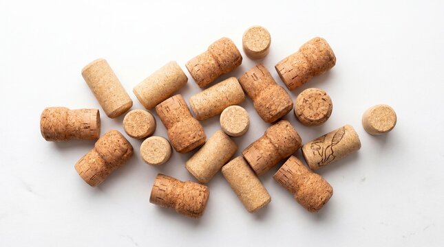Top view of wine corks arranged on a clean white table highlighting natural texture and warm tones