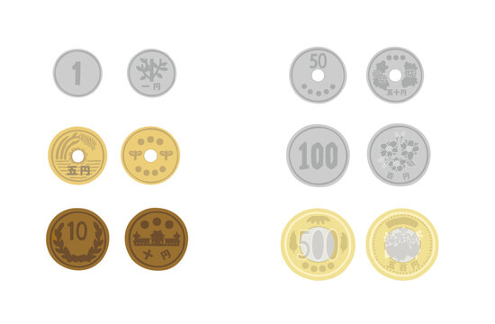 日本円　日本硬貨のイラスト　１円/５円/10円/50円/100円/500円小銭のイラスト　