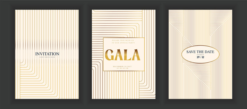 Luxury invitation card background vector set. Golden curve elegant, gold lines gradient on light color background. VIP illustration for gala card, grand opening, party invitation, wedding.