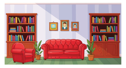 A cozy living room features a red sofa two bookshelves filled with books and framed wall art © grvect02