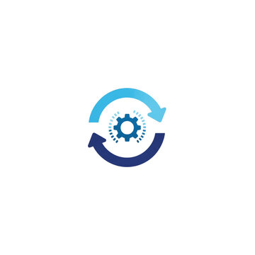 A blue and black vector graphic depicting a gear within two arrows forming a circular motion on a solid black background