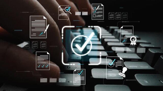 Digital Workspace for Document Management with Check Mark and Keyboard Background, Business Process and Approval Concept Sigmoid