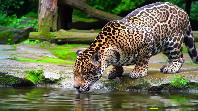 Jaguar with distinctive black rosettes and spots on a golden coat drinking water from a pond in a lush tropical jungle environment with mossy rocks and a clear reflection in the water.