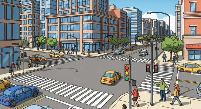 Busy City Street Scene with Cars and Pedestrians Crossing.