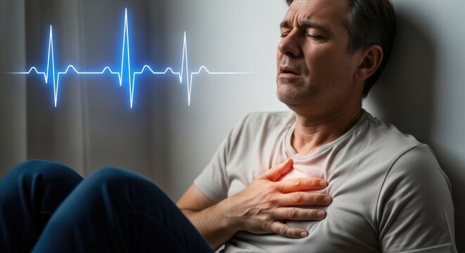 Man experiencing chest pain, indicating heart problem or disease, with superimposed electrocardiogram showing abnormal rhythm, signifying cardiac distress and need for treatment support