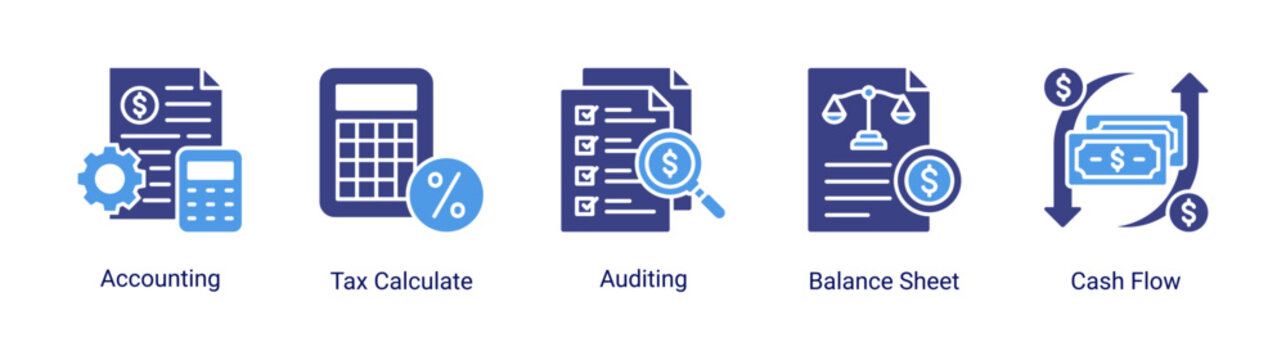 Accounting icon set with tax calculation,auditing,balance sheet,and cash flow icons.Perfect for bookkeeping and corporate finance systems.