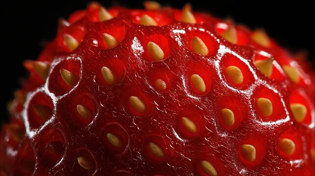 Cinematic extreme macro of a ripe strawberry surface, highlighting golden yellow seeds (achenes) nestled in red pitted skin with delicate trichomes, isolated on a dark background.