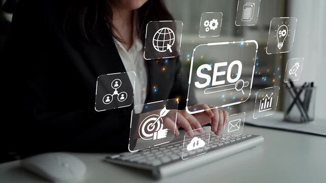 SEO concept for improving SEO visibility, with SEO related digital tools and SEO performance icons shown in an focused layout for strategic marketing. Muxer