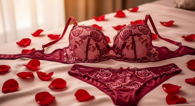 Elegant lace lingerie set with rose petals on a silk sheet, symbolizing romance and intimacy