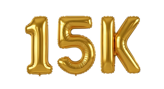 Golden '15k' balloon numbers isolated on transparent background