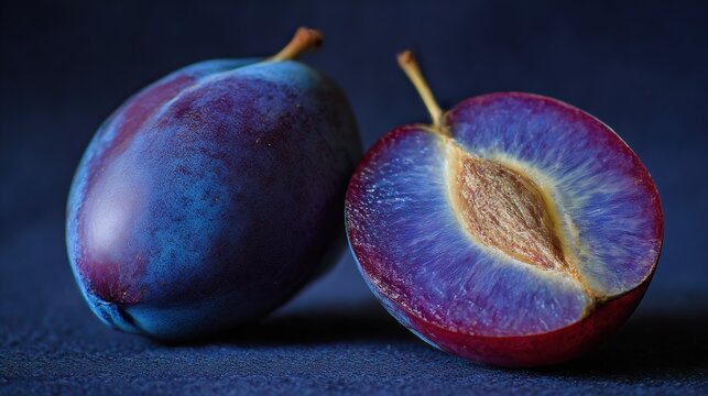 Cinematic macro cross-section of a ripe damson plum, showcasing intense blue-purple skin, vibrant magenta flesh, and a central stone pit against a dark blue background.