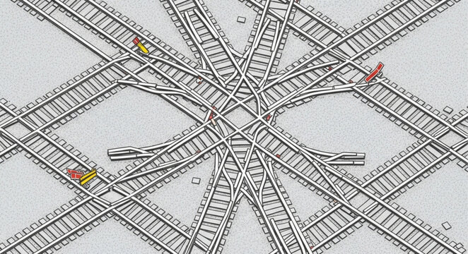 Complex railway junction with multiple tracks and switches.