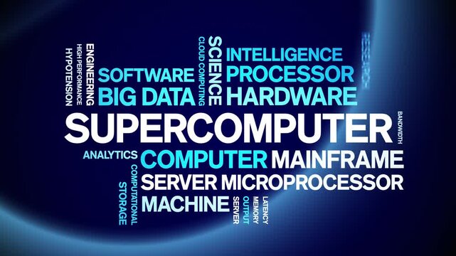 Supercomputer animated word cloud-text design animation tag kinetic typography seamless loop.