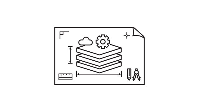 Platform Engineering Blueprint Vector Icon with Editable Stroke. Minimalist line art illustration of cloud infrastructure, gear, and layered architecture on a technical drafting background.