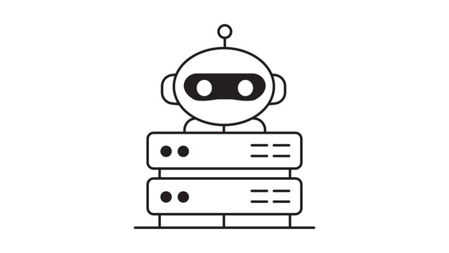 Monitoring Agent Robot on Server Rack Editable Stroke Vector Icon. Minimalist black line illustration of an AI bot managing data center hardware, cloud computing, and network automation.