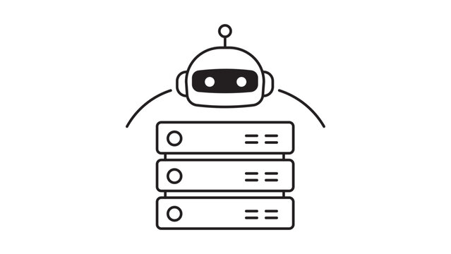 AI Monitoring Agent Editable Stroke Vector Icon. Minimalist black line illustration of a robot head hovering over server racks, symbolizing automated data center management and cloud computing.