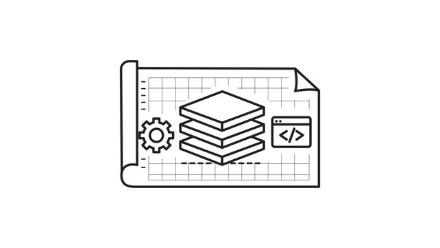 Platform Engineering Blueprint Vector Icon with Editable Stroke. Minimalist line art illustration featuring a technical plan, data stack, gear, and code window for software infrastructure.